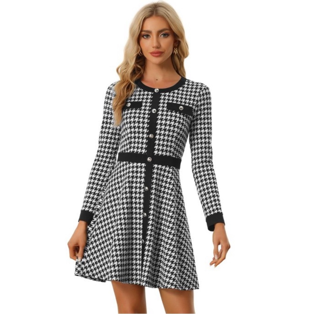 NWT! Allegra K Women's Houndstooth Plaid
  Button Front  A-Line Dress Black M